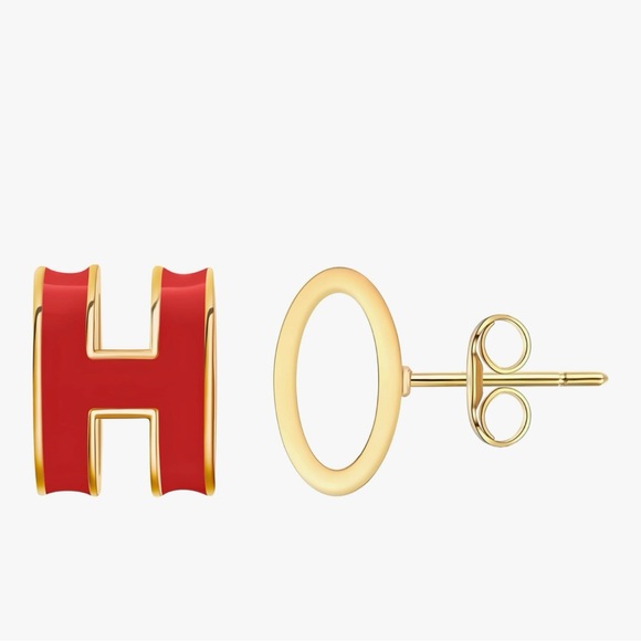 18K GOLD PLATED H Enamel Stud Earrings - Picture 5 of 5